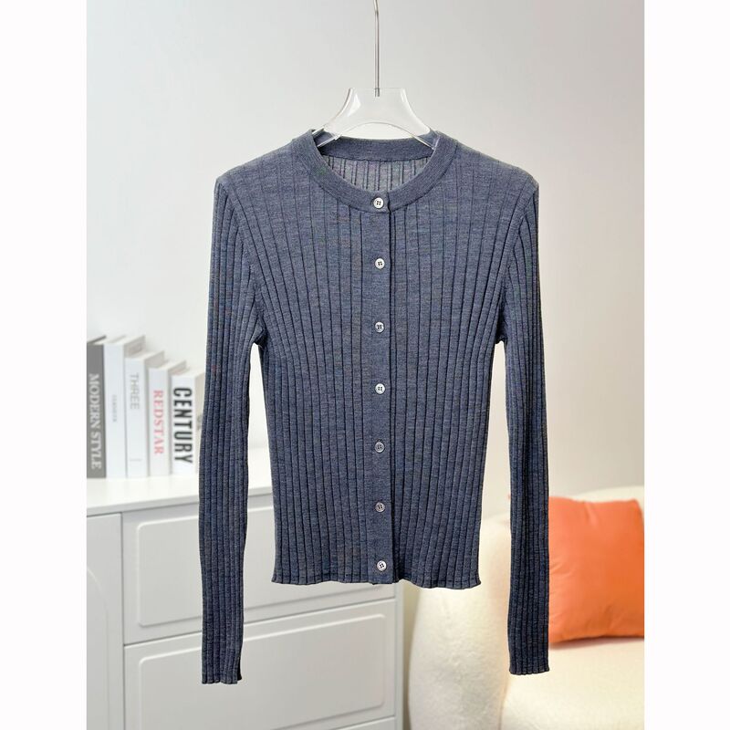 Yangzi Wool Sweater Slimming Ribbed Cardigan Round Neck Single-Breasted Knitwear Women's Elegant Long-Sleeve Vertical Stripes