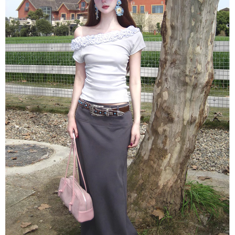 MENGXIANG Niche Design Multi-layer Lace Slant Shoulder T-shirt Women's New Short-sleeved Top Slim-fit Spice Girls