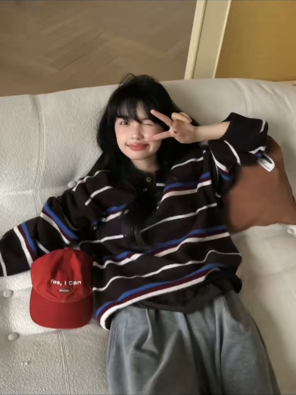 韩系2025秋冬新款polo领百搭复古条纹羊毛针织毛衣女|undefined