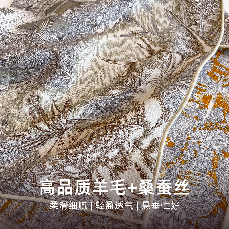 French Luxury Style Scarf! New Double-Sided Contrast Color Silk-Wool Scarf For Women, Summer Versatile Rainforest Silk Wool Shawl - Thumbnail 4