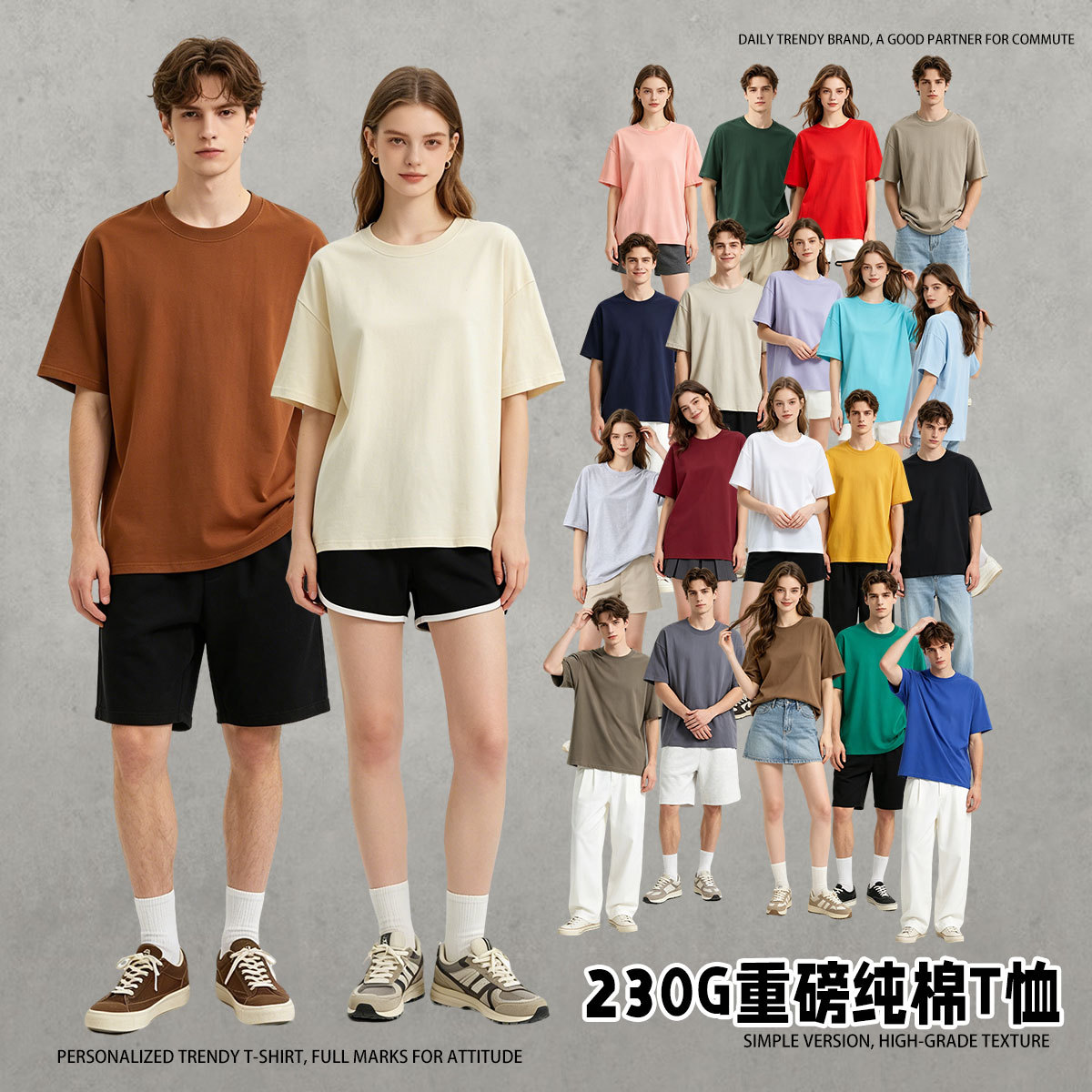 Heavy 230g drop shoulder pure cotton white short sleeve T-shirt men's and women's tide brand ins loose crew neck T-shirt wholesale in stock