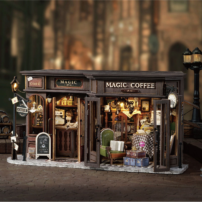 Retro Coffee Shop European Smart and Fun House DIY Mini House Handmade Assembly Model Creative Ornament Gift for Boys and Girls