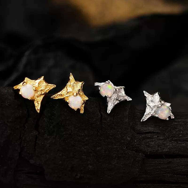 E1250 韩版小众S925纯银不规则纹理破损星星耳钉女简约欧泊石耳钉
