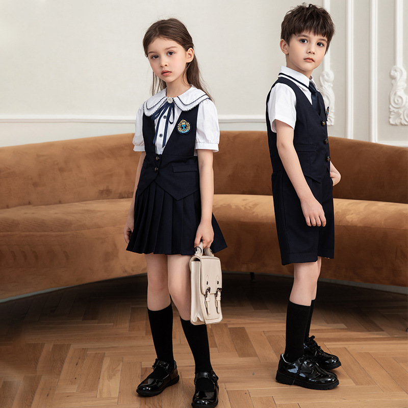 Preschooler's British-style school uniform set with three pieces, summer new fashion, trendy school uniform graduation dress