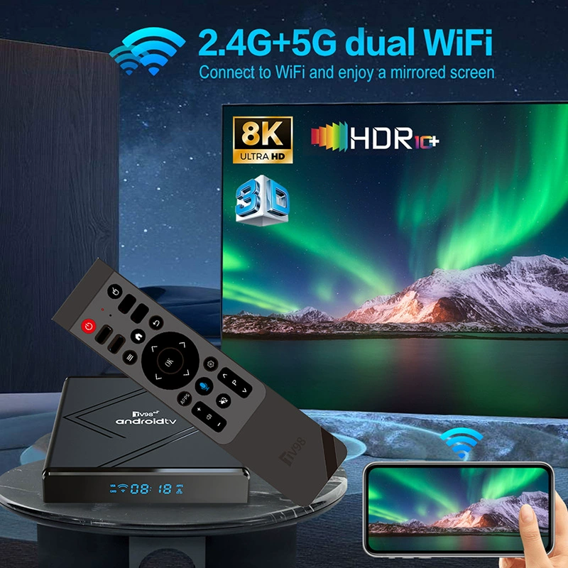 Приставка TV98ATV PRO PLUS с Android 14, двойной диапазон 2.4/5G, Wi-Fi Bluetooth, голосовой сетевой плеер