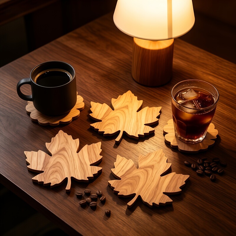 3-piece maple leaf-shaped wooden coaster set - desktop accessory coasters, non-slip and heat-resistant - for home and restaurant use
