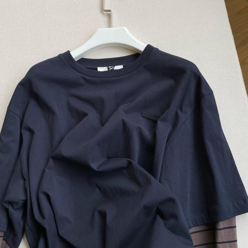 25秋季小众潮牌高品质撞色条纹时髦复古假两件圆领长袖T恤男女款|undefined