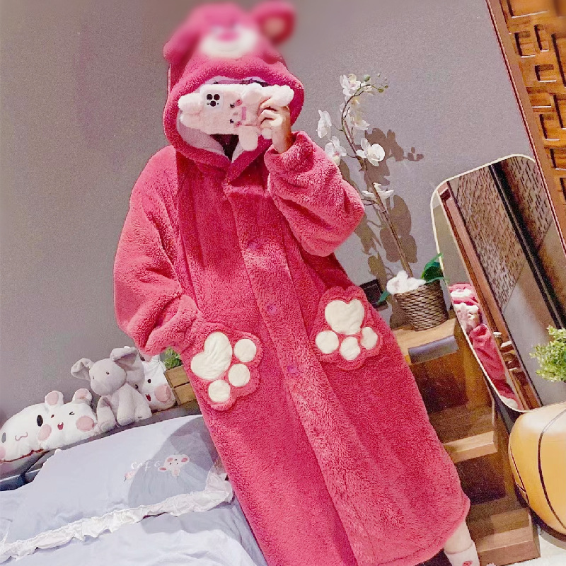 Thickened strawberry bear nightgown autumn and winter new can be worn outside ins wind with velvet thickened coral velvet bathrobe net red wholesale