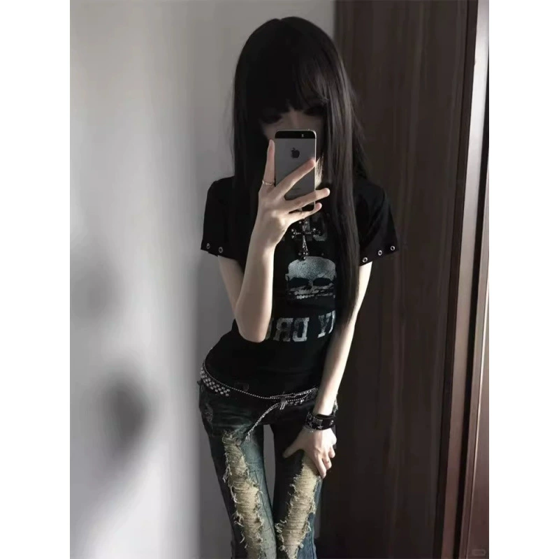 Женская футболка на правое плечо в уличном стиле Yabi, новая летняя футболка с короткими рукавами и принтом черепа, модный топ в стиле панк y2k