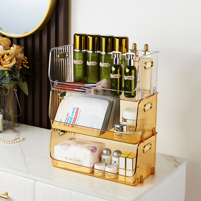 Luz de lujo de escritorio cosméticos caja de almacenamiento para mascotas tocador cuidado de la piel misceláneas mesa de té cesta de almacenamiento apilable