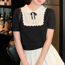 2025夏季新款法式针织衫短袖T恤女娃娃领蝴蝶结上衣甜美减龄