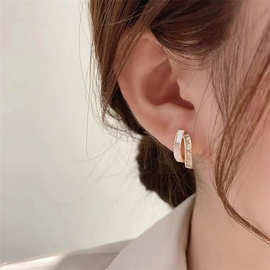 韩国东大门S925银针新款小众设计几何双层镶钻耳钉时尚简约耳饰女