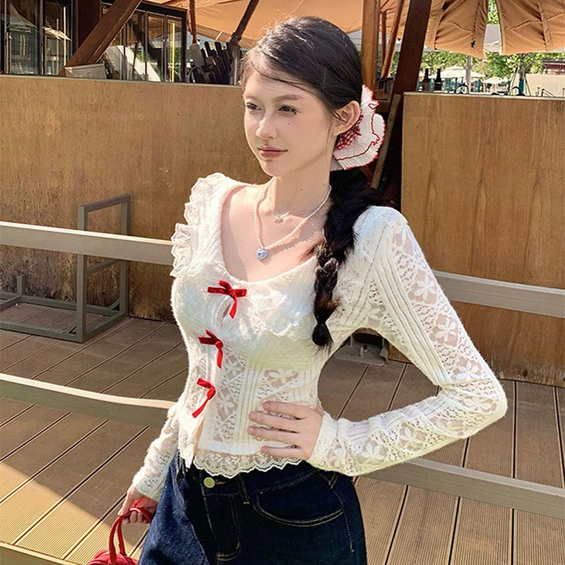 L187TP American Spice Girl 2024 осень новый сплошной цвет V-образный вырез Сексуальная кружевная тонкая рубашка с длинными рукавами