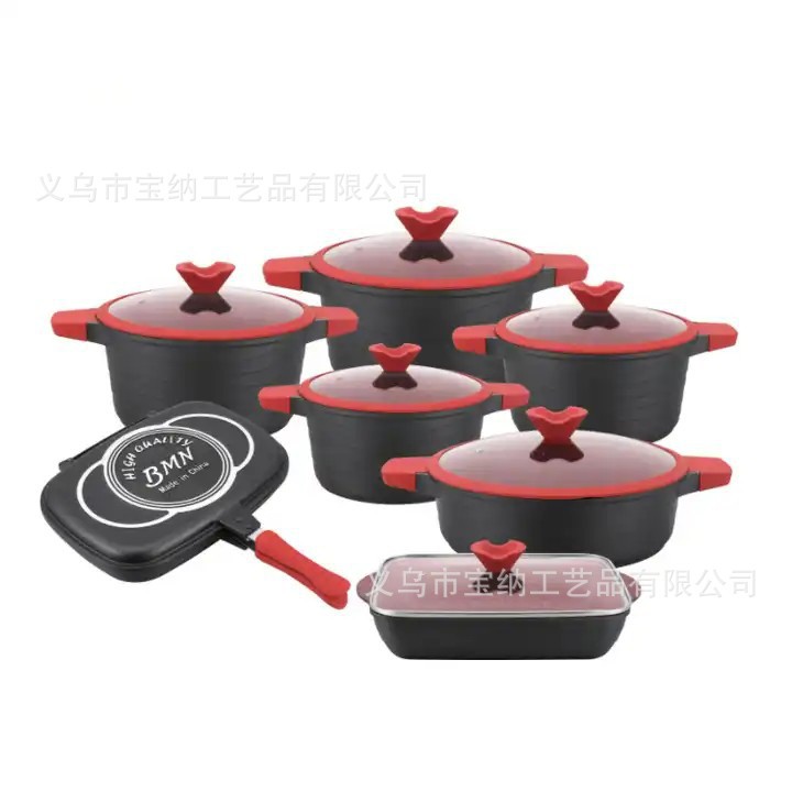 Customizado BMN antiadherente conjunto de arroz de piedra 14pcs aluminio prensado conjunto de cocina de doble cara para asar a platos de pescado image 3