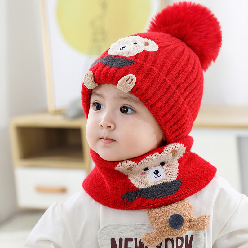 Little Bear Cartoon Children's Hats Bib Baby Hooded Scarf Two-piece Hat display picture 2