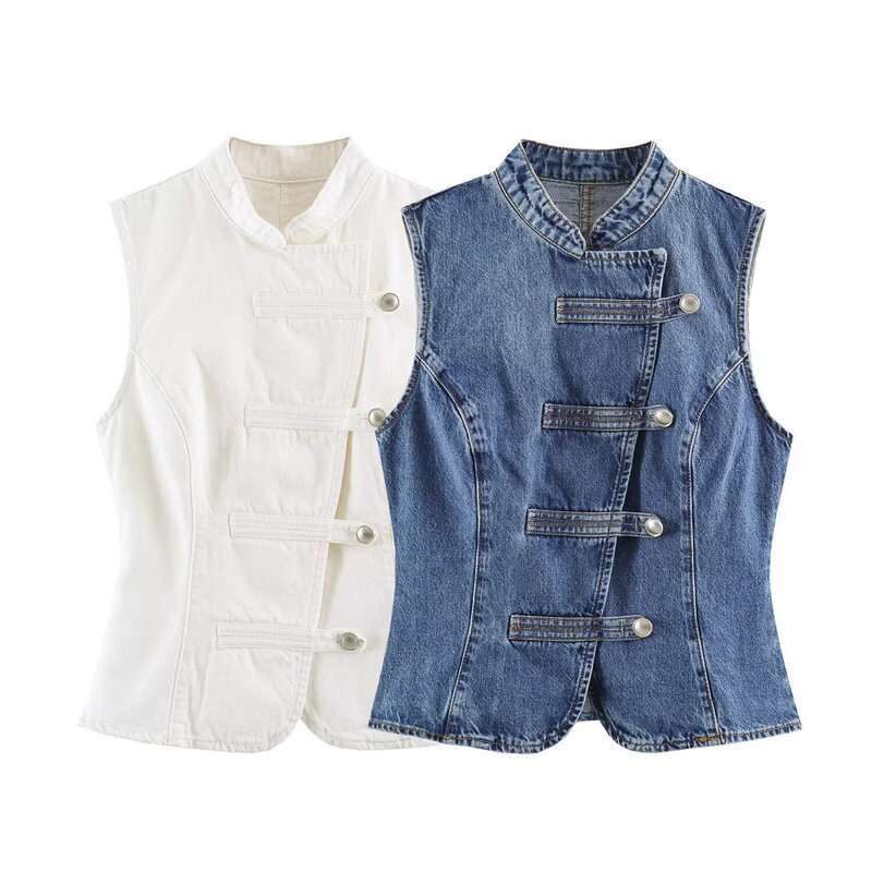 Za Foreign Trade Wholesale European and American Style Women's Fashionable and Elegant Slim-Fit Knot-Buckle Sleeveless Denim Top 9942153 Za Foreign Trade Wholesale European and American Style Women's Fashionable and Elegant Slim-Fit Knot-Buckle Sleeveless Denim Top 9942153