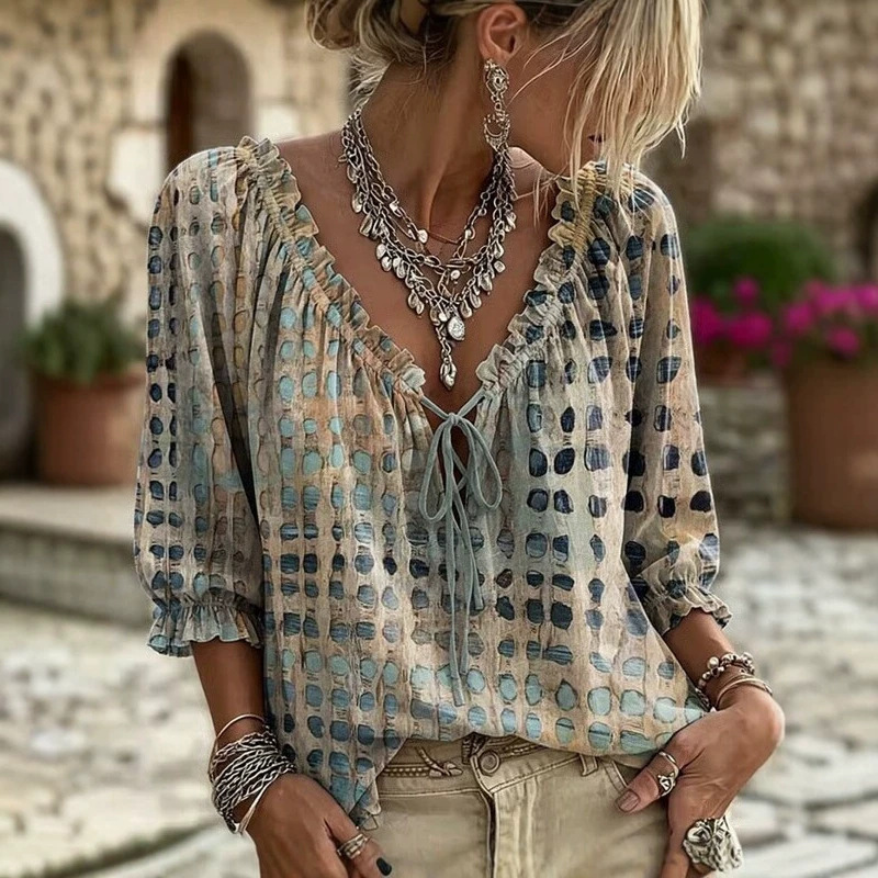 European and American cross-border bohemian style V-neck linen-like shirt for women, new summer printed loose casual top with ribbons European and American cross-border bohemian style V-neck linen-like shirt for women, new summer printed loose casual top with ribbons