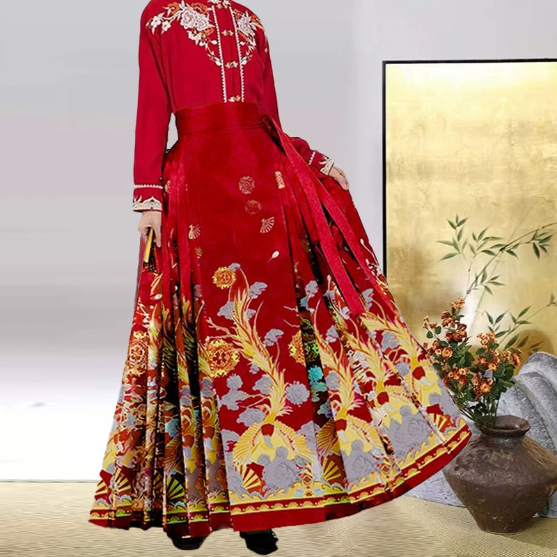 Костюм с юбкой в стиле «лошадиная грива» для женщин, новый китайский стиль, весна-осень, элитный костюм, плиссированный оптом, струящийся ханьфу [Розовый тенистый феникс, изящный]