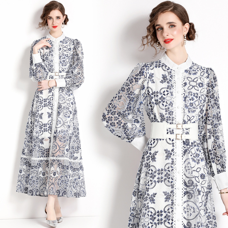 Real shot in stock lantern long sleeve single-breasted mesh craft lace-up waist-tight long dress 2023 New Real shot in stock lantern long sleeve single-breasted mesh craft lace-up waist-tight long dress 2023 New
