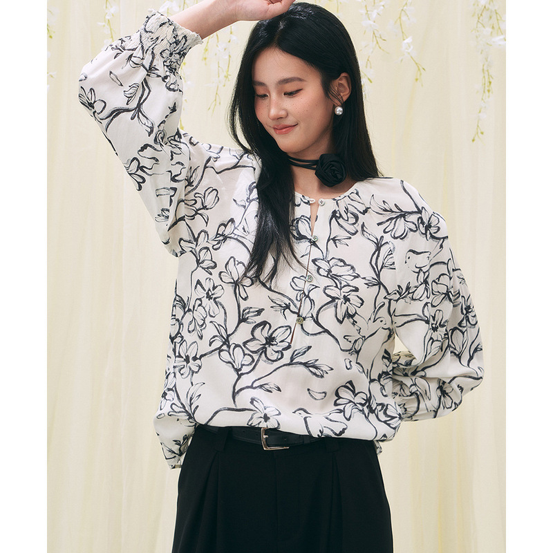 【Shengdu】26 Spring New Collection French Retro Style Black and White Printed Tencel Linen Vacation Lantern Sleeve Shirt Top
