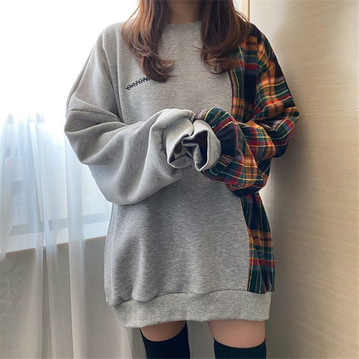 Korean Chic Niche Design Round Neck Plaid Patchwork Letter Print Loose Puff Sleeve Pullover Sweatshirt for Women Korean Chic Niche Design Round Neck Plaid Patchwork Letter Print Loose Puff Sleeve Pullover Sweatshirt for Women