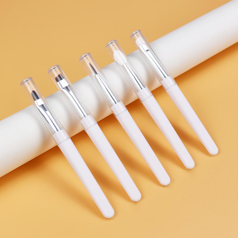 Traje de cepillo de maquillaje portátil blanco con cubierta de polvo transparente ultrafina cuchilla ángulo ceja cepillo delineador de ojos fino cepillo