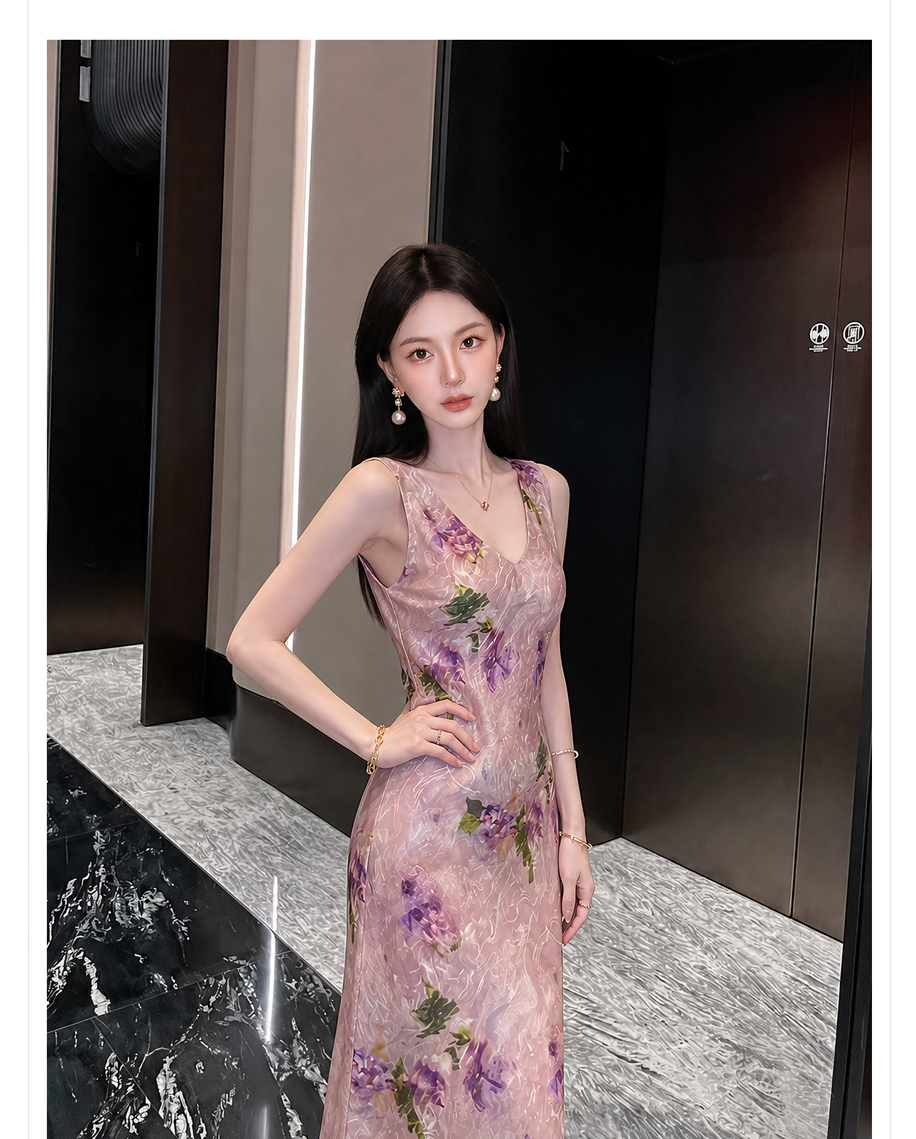 Đầm maxi nữ thắt eo họa tiết hoa văn tân cổ điển dáng suông nhẹ — Hồng tím chi tiết 2