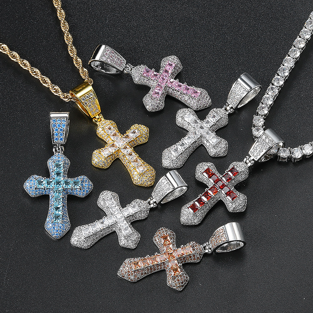 Hip-Hop Cross Copper Plating Zircon Pendant Necklace