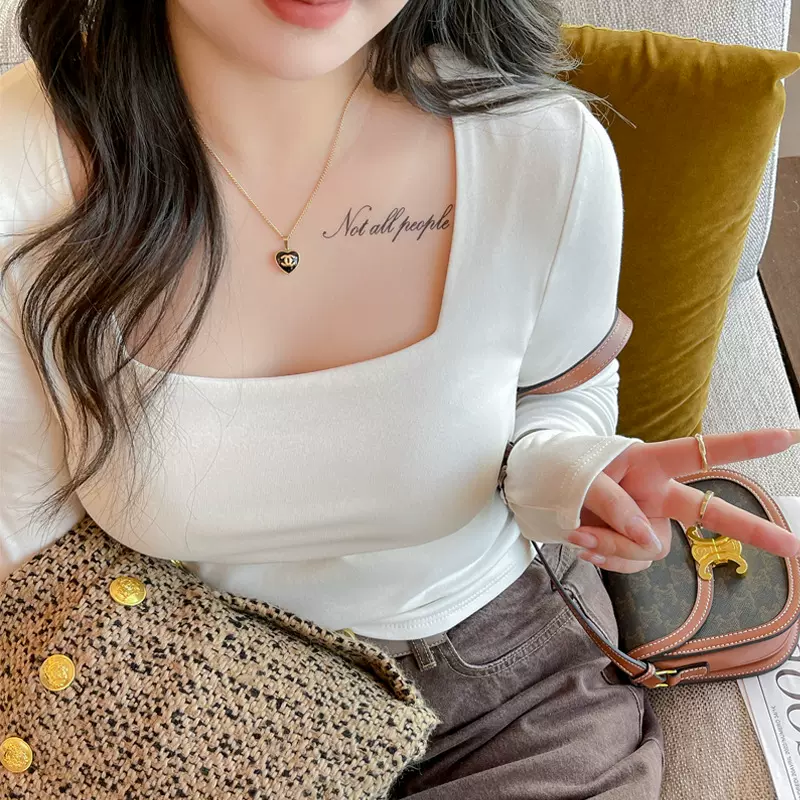 大码女装早秋高级感上衣正肩t恤女纯棉打底衫内搭长袖上衣可外穿