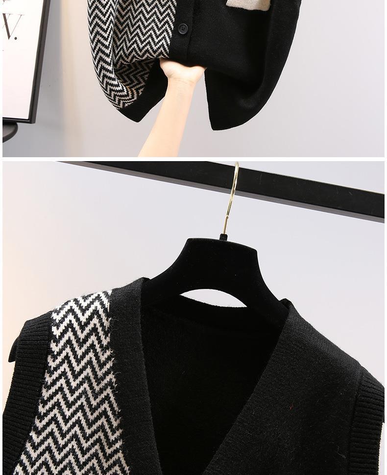学院风拼色毛衣背心女 2022秋冬款针织v领马甲宽松条纹外搭上衣潮