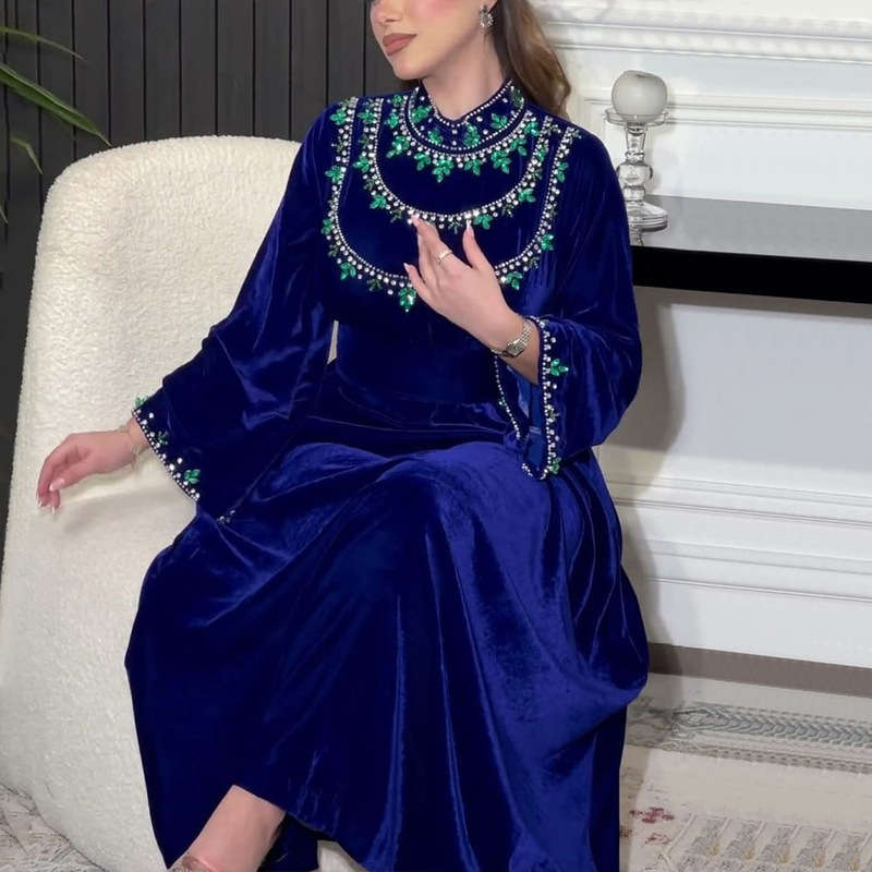 Xqy500249 Robe Velvet Zipper Green Water Drop Rhinestone Dress