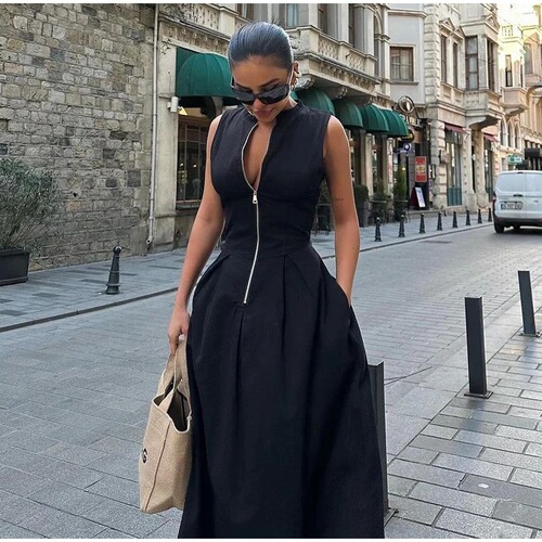 Elegant High-Waisted Solid Color Sleeveless Zipper Dress for Fashion, Fitted Work and Commuting