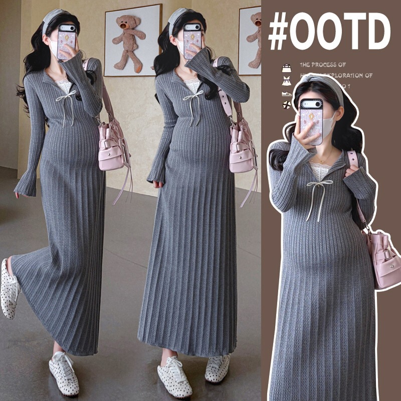 Maternity long dress, romantic encounter, French lace trim, knitted two-piece style with a thickened knit overlay Maternity long dress, romantic encounter, French lace trim, knitted two-piece style with a thickened knit overlay