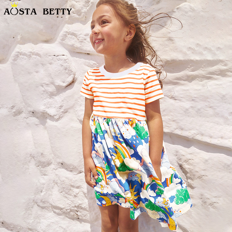 Factory direct sales of girls' dresses, European and American style rainbow print princess dresses, new summer striped dresses.