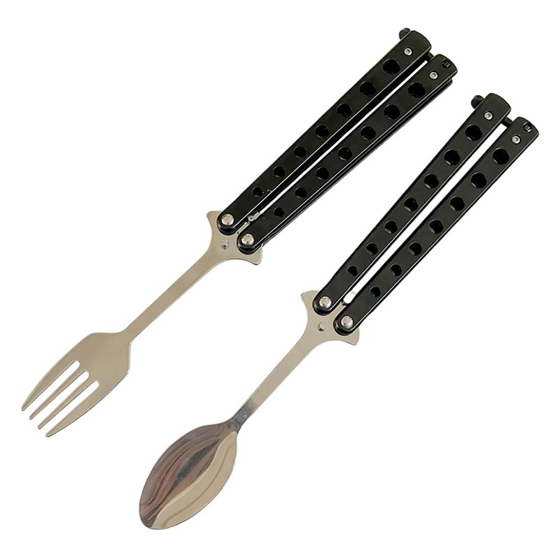 Suministro directo de fábrica Yangjiang mariposa al aire libre entrenamiento práctica cuchillo portátil sopa cuchara Tenedor (sin hoja)