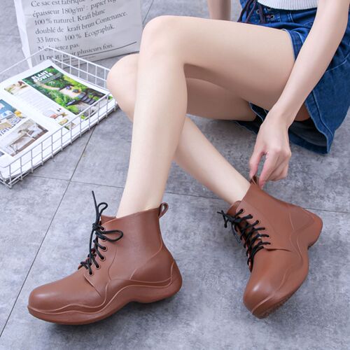 Women's Fashion Rain Boots, Outer Wear, Soft Sole, Slip-Resistant, Waterproof Work Water Shoes with Laces, Height Increasing, Durable Thick Soles, Short Boots