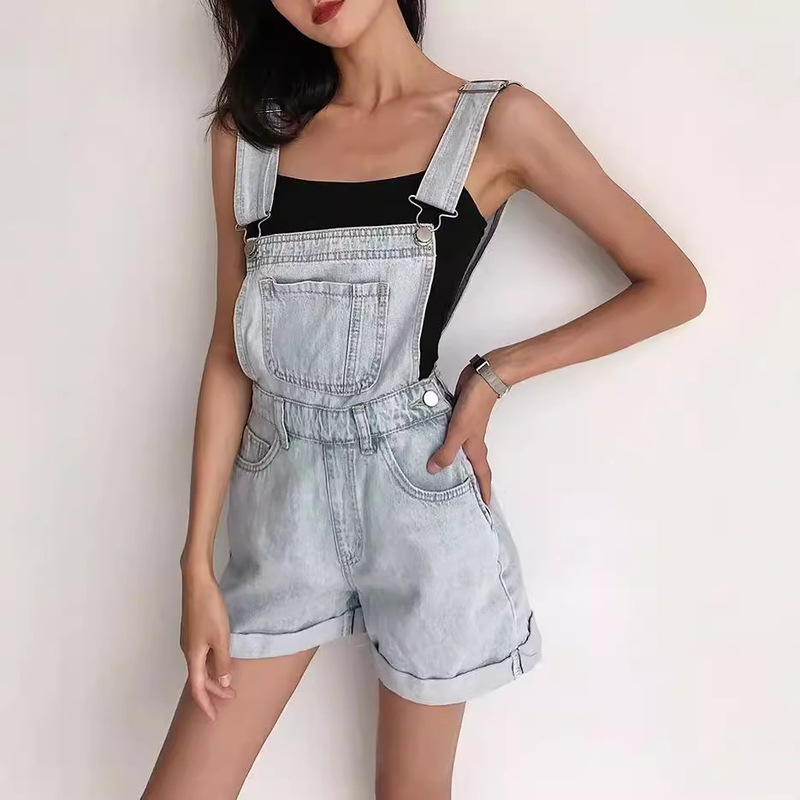2022 Summer Student All-match Denim Overalls Women's College-style Wide-leg Shorts Loose Curled