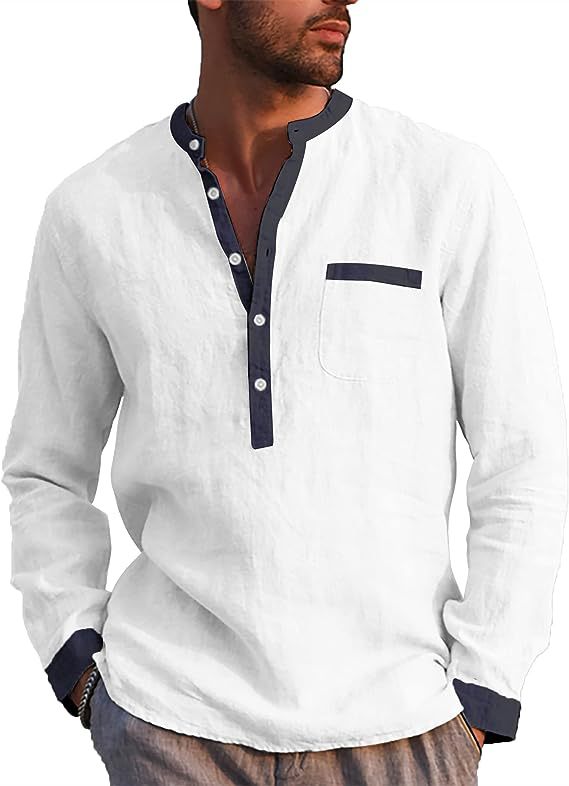 Camisa Henley de manga larga para hombres de temperamento transfronterizo europeo y americano de algodón y lino cómoda camisa de costura transpirable para hombres