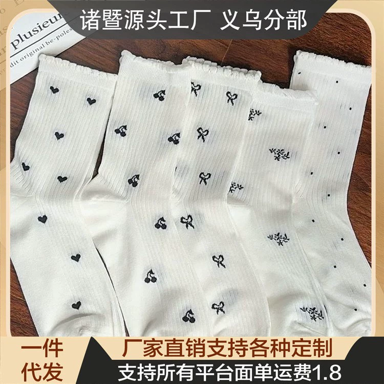 Летние простые женские носки до середины икры с бантом в японском стиле, тонкие белые кружевные сетчатые дышащие носки с рюшами для женщин