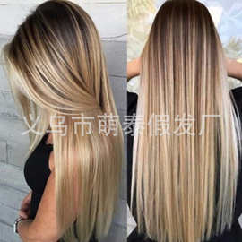 跨境专供欧美时尚化纤假发女高温哑光丝金色渐变直发工厂批发