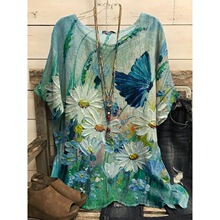 314790跨境亚马逊欧美女装夏季宽松油画花卉印花短袖上衣T恤女