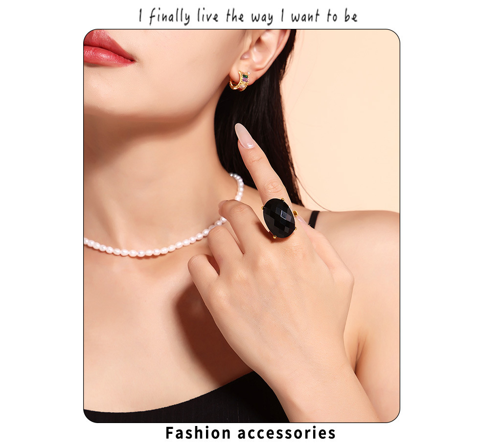 Oval Diamond Large Glass Ring Gold Plated Retro Statement Ring_voghion.com