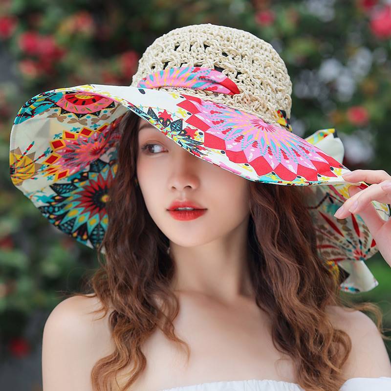 Beach green summer ethnic sun hat solar-powered