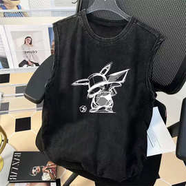 男女童复古水洗做旧坎肩背心T恤中大童夏季宽松无袖坎肩上衣服潮