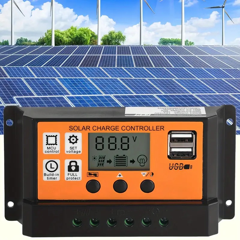 Controlador de carga solar - automático de alta eficiencia 12V / 24V con pantalla LCD, puerto USB dual