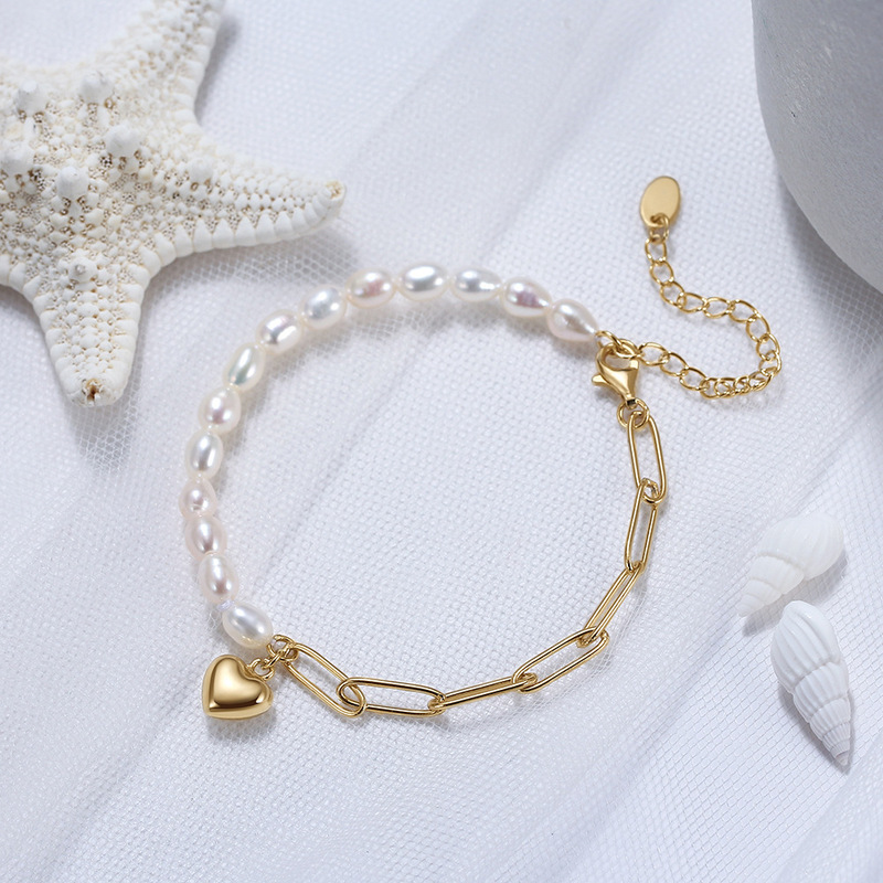 Glowing S925 Sterling Silver Bracelet, Paperclip Spliced with Natural Baroque Pearls, Heart Pendant, French Retro Style