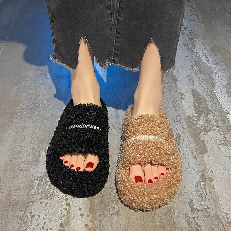 Женские тапочки из овечьей шерсти на толстой подошве с надписями, модные осенне-зимние 2024 года, плюшевые, повседневные, из хлопка.