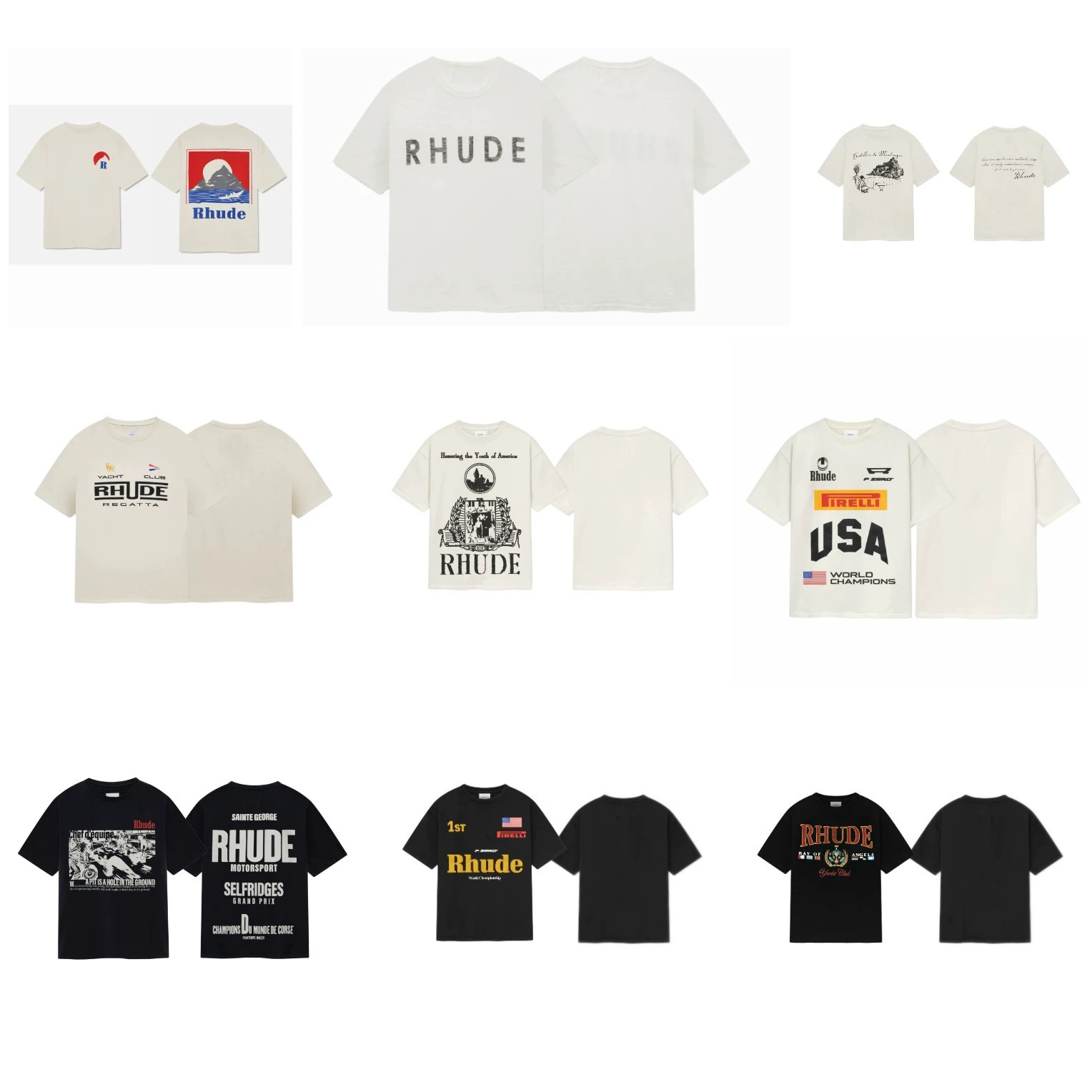 跨境Rhude美式新款高街皇冠旗帜复古宽松圆领短袖T恤男女潮牌