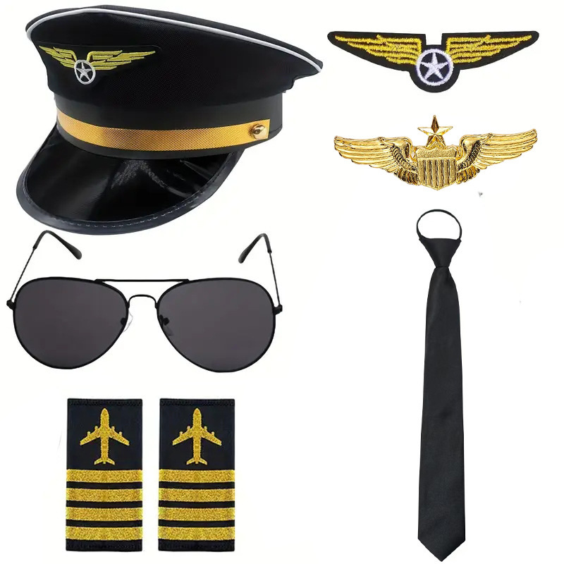 万圣节航空飞行员帽服装配件带机长帽肩章眼镜领带角色扮演套装|undefined