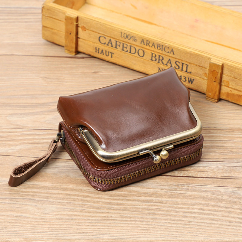 Ví nữ da bò thật cổ điển dạng gấp đựng tiền xu thẻ 11×6×8 cm — Màu đen, Đỏ hoa hồng